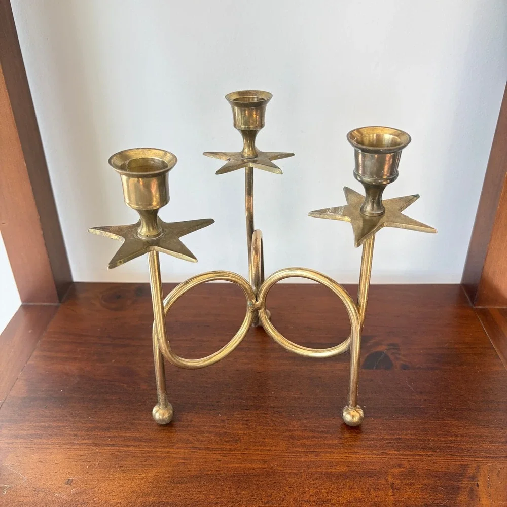 Vintage Brass Star Candelabra Pair Celestial 3-Light Taper Candle Holders Set 2